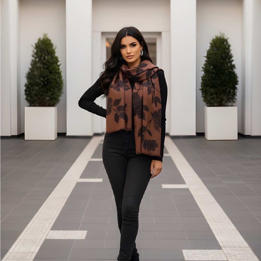 Pashmina Scarf Wrap Brown Black Floral - Picture 6 of 12